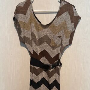 Chevron Knit Belted Women’s Dress in Brown and Gray